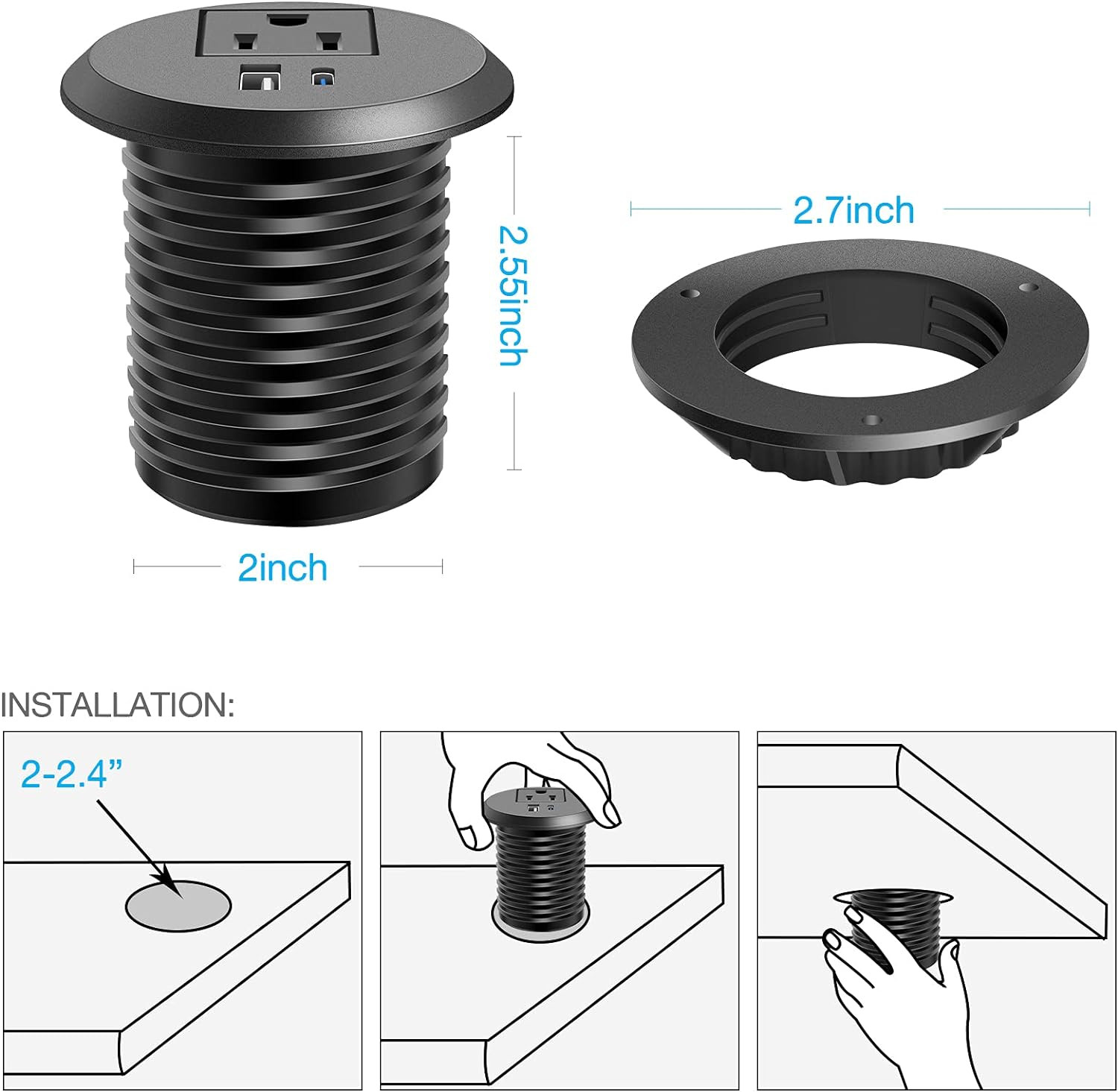 2 Inch Desk Power Grommet Outlet, Recessed Power Outlet with 20W USB-C Fast Char