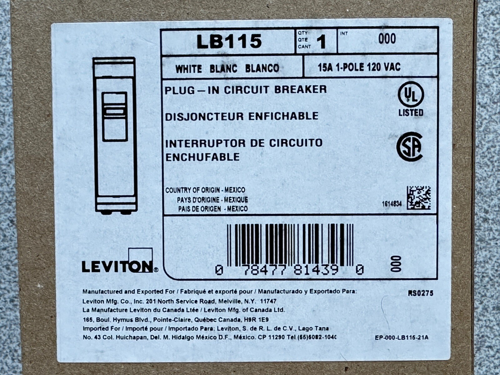 NEW Leviton LB115 Plug-In Circuit Breaker, 15A, 1 Pole, 120VAC