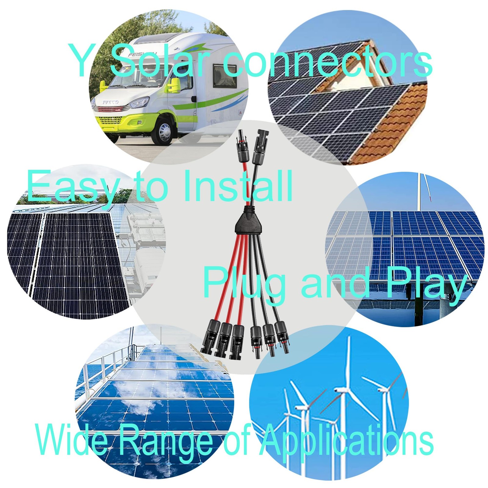 Solar Y Branch Connector 2-to-6 10AWG 45A IP68 MC4 Parallel Cable 30cm Tool-Free