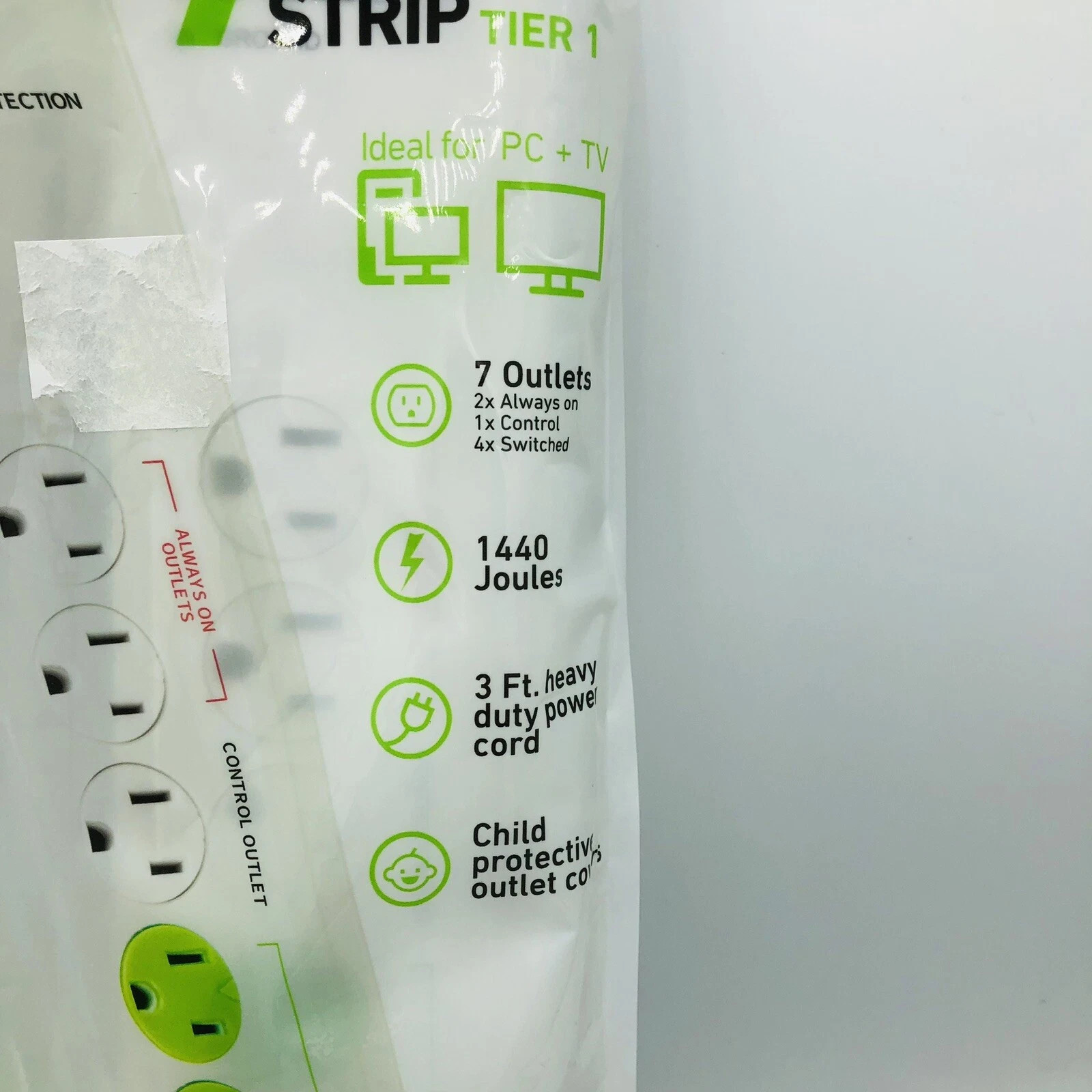 Advanced Power Saver Strip 7 Outlets Sensing Extension Cord Bar Surge Greenlite