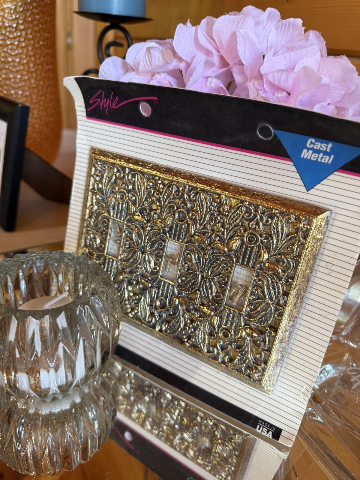 Filigree Gold-tone Triple toggle Switch Plate Hollywood Regency 6.25″x 4.25″ Vtg