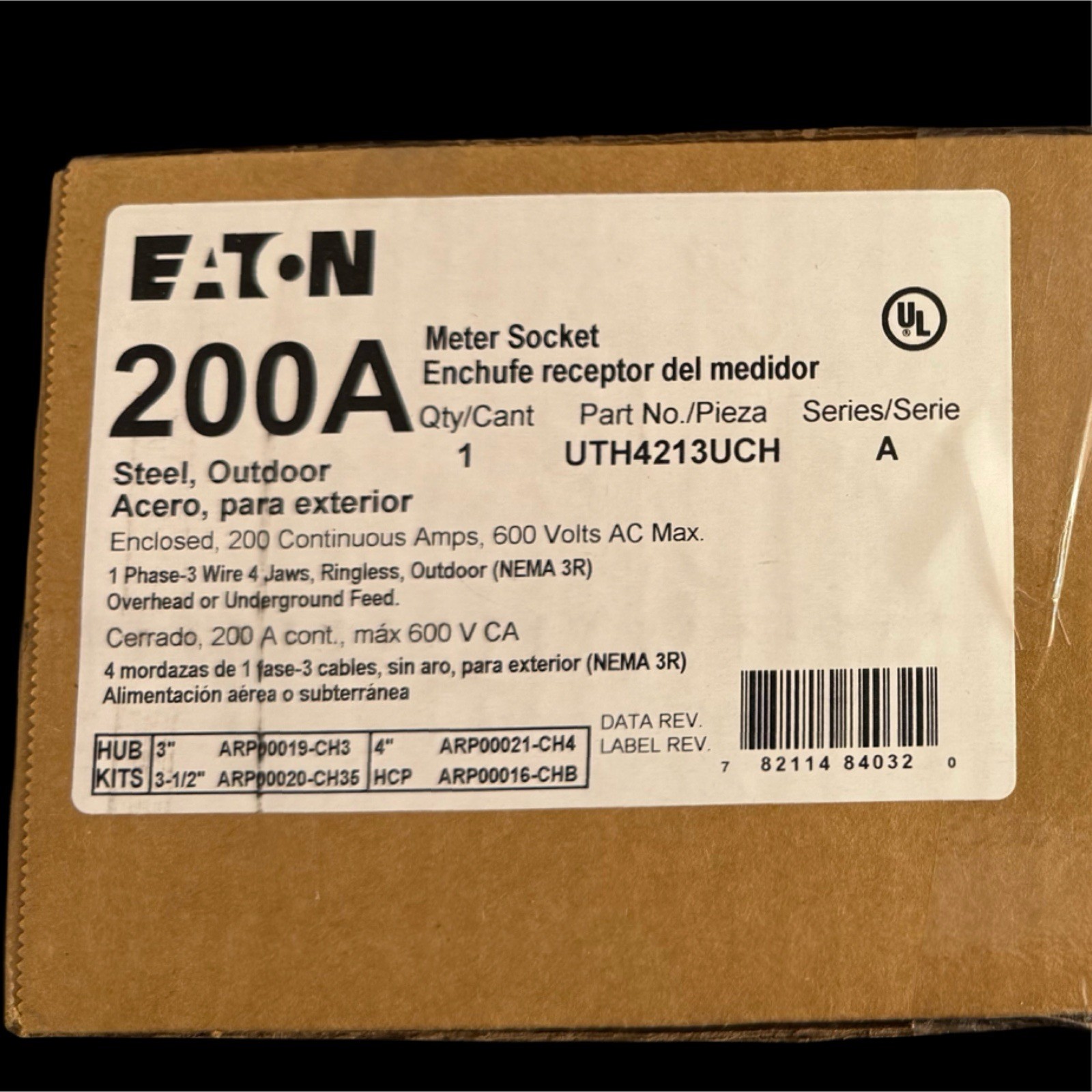 Eaton 200A Meter Socket Outdoor Steel Ringless NEMA 3R UTH4213UCH