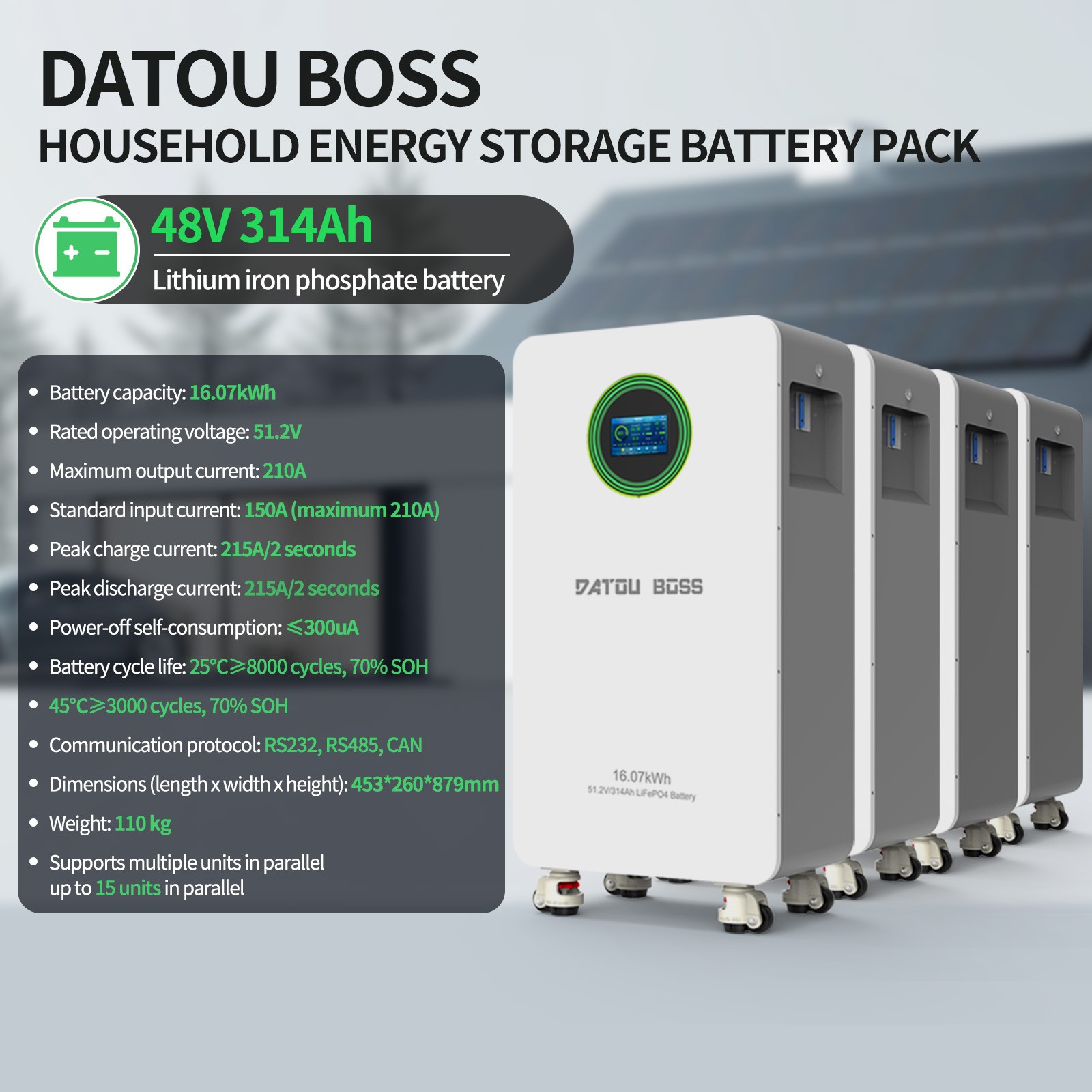 4* 51.2V 314Ah LiFePO4 Lithium Battery 16.07kWh For Home Solar Energy Storage PV