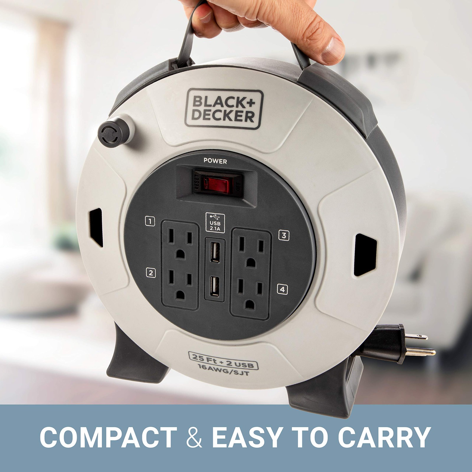 25ft Retractable Cord Reel 4 Outlet 2 USB Port BLACK DECKER 16AWG Circuit Breake