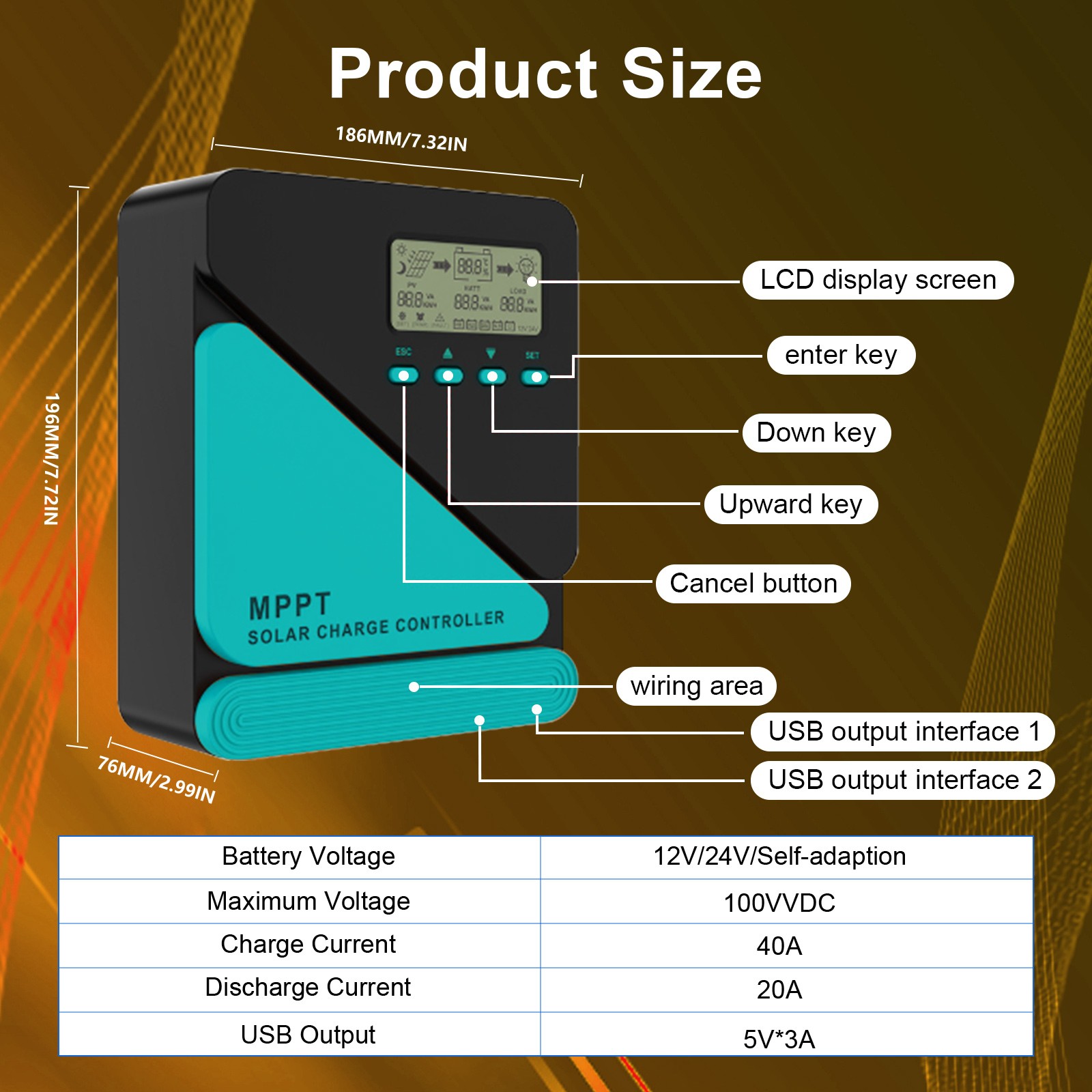 MPPT 40A Solar Charge Controller 12V 24V Auto Regulator LCD Display Dual USB