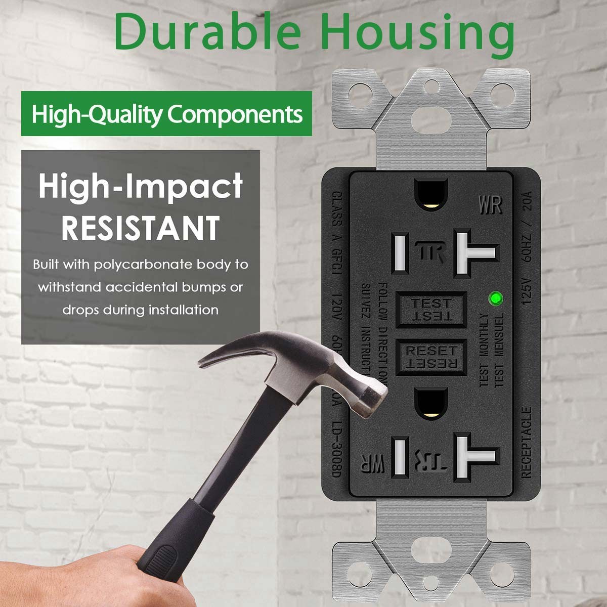 GFI Outlet 20 Amp GFCI Receptacle Tamper-Resistant TR WR for Bathroom Black ETL