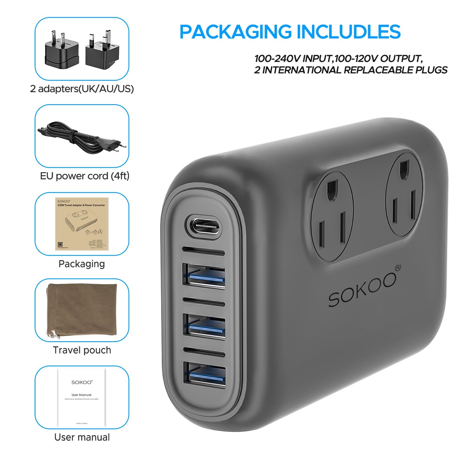 230W Step Down 220V to 110V Voltage Converter &International Travel Adapte