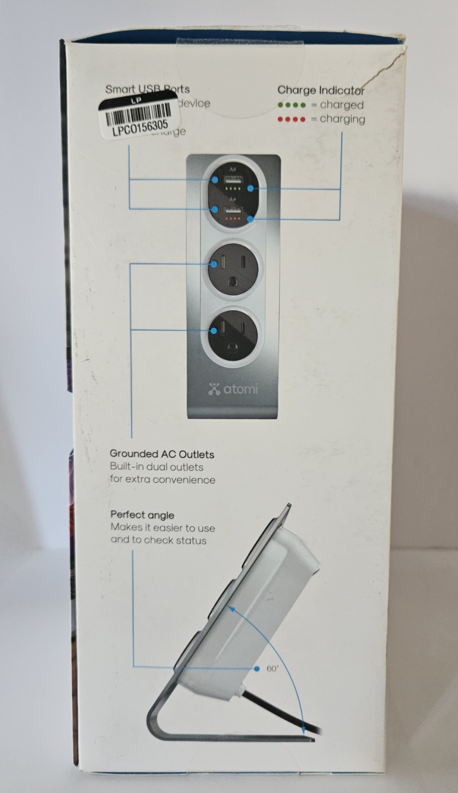 Atomi Desktop Surge Protector Charger 5ft Silver/White Open Box