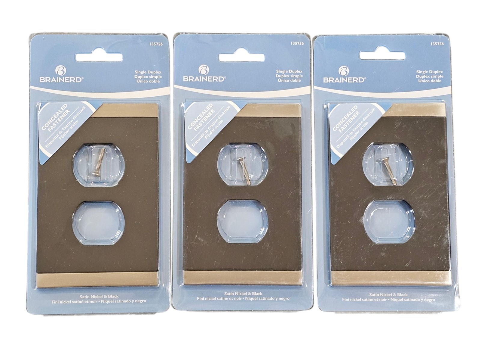 Lot of 3 Brainerd Satin Nickel & Black Duplex Outlet Covers Concealed Fastener