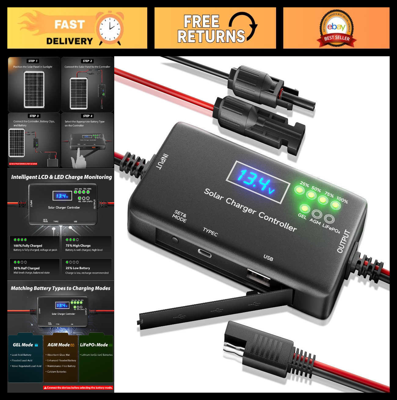 12V 20A Solar Charge Controller, Type-C & USB Output for Gel, AGM, LiFePO₄ Batte