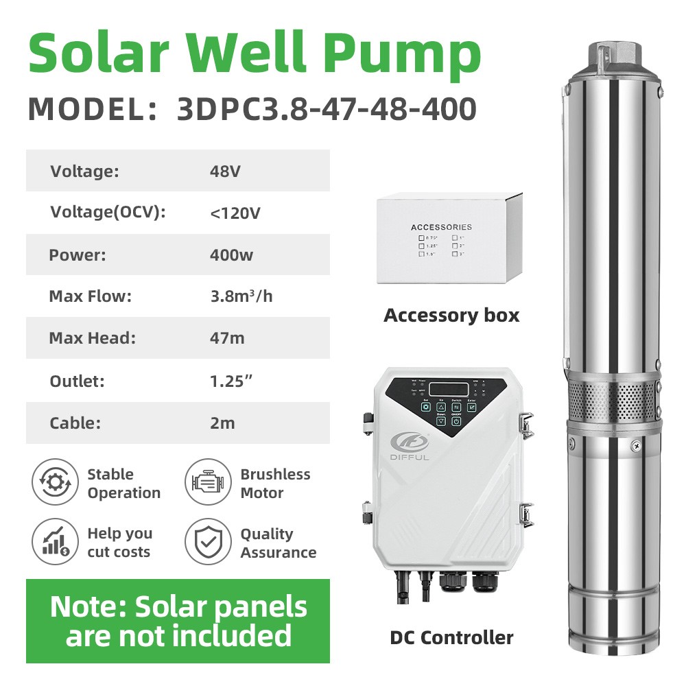 US STOCK DIFFUL 4 inch 48V 0.5HP DC Solar Powered Water Pump For Irrigation MPPT