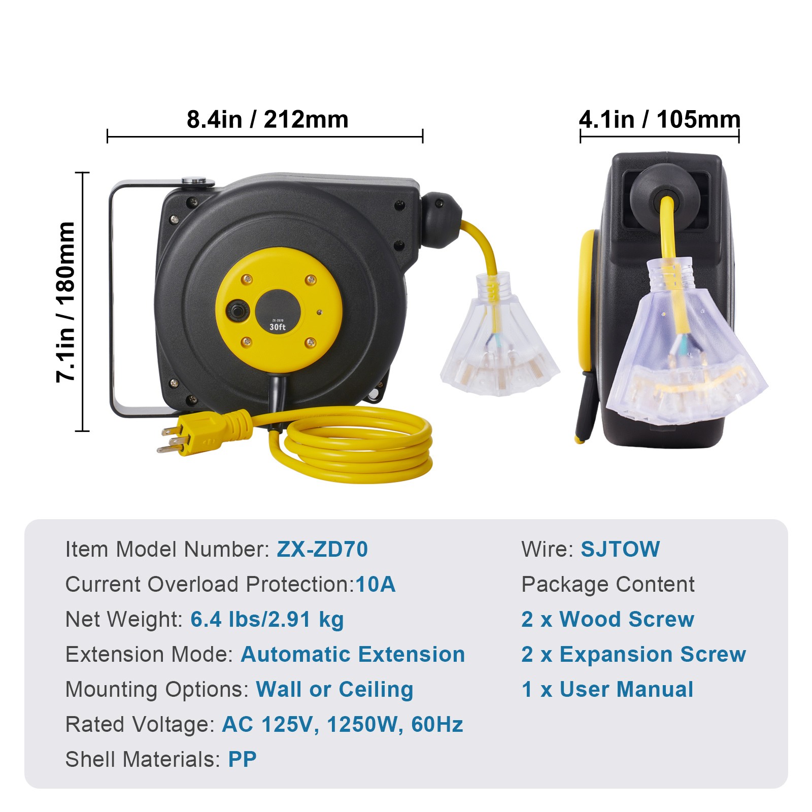 Uimoso Retractable Power Cord Reel with 30FT 16AWG/3C SJTOW Cable