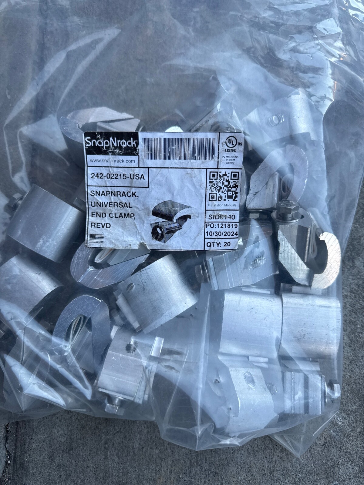 (QTY 20)SnapNrack 242-02215 Bonding Universal End Clamp, Ultra Rail & Series 200