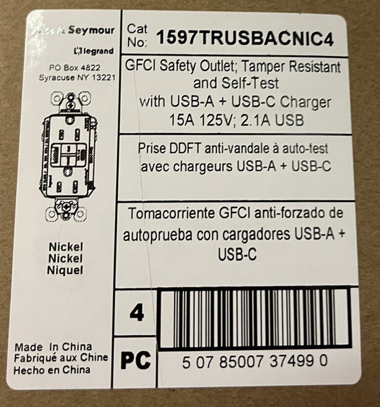 4 Of Radiant® 15A Tamper-Resisant Self-Test GFCI USB Type-A/C Outlet Nickel