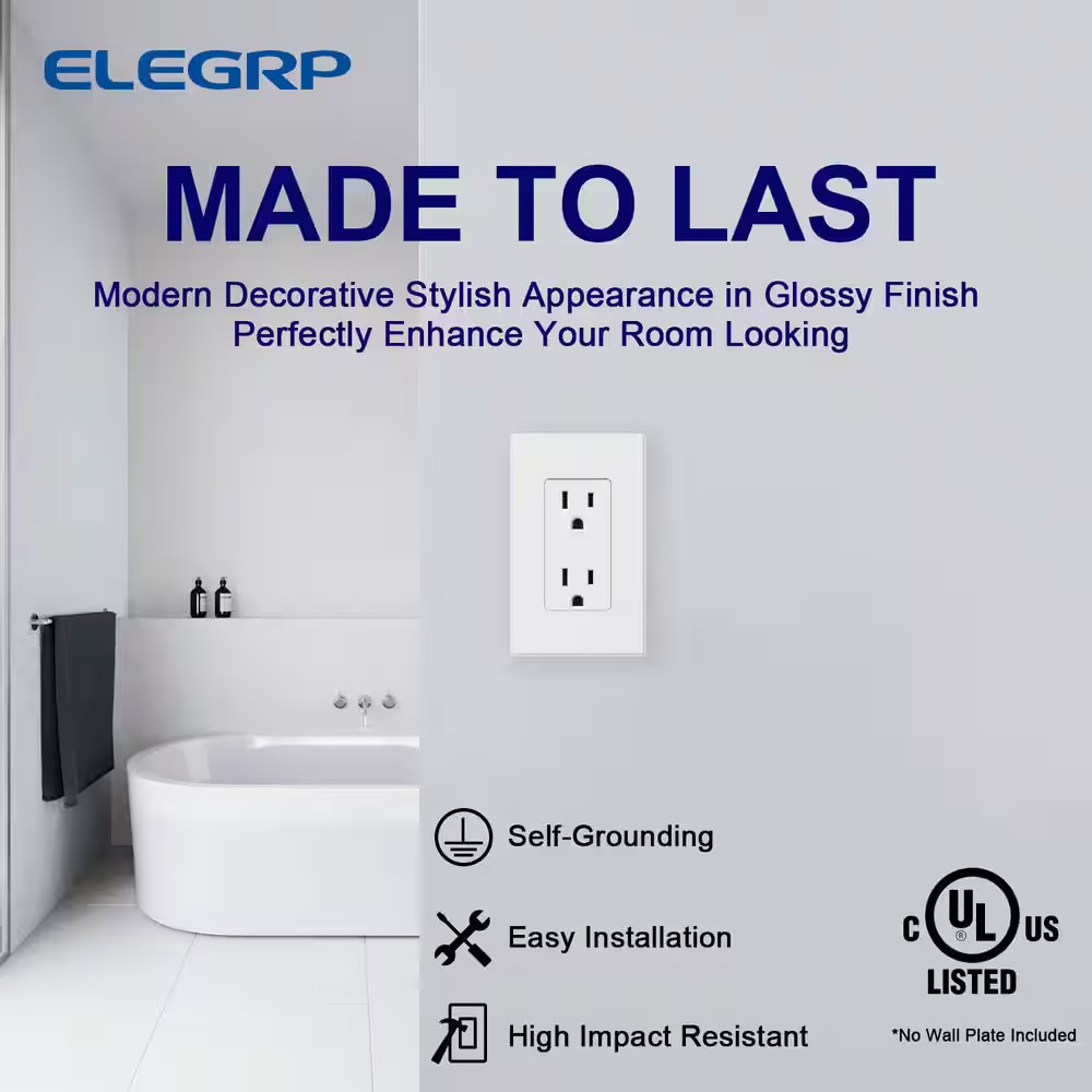 Decorative 15 Amp 125-Volt Residential Grade Self Grounding Outlet, Glossy White