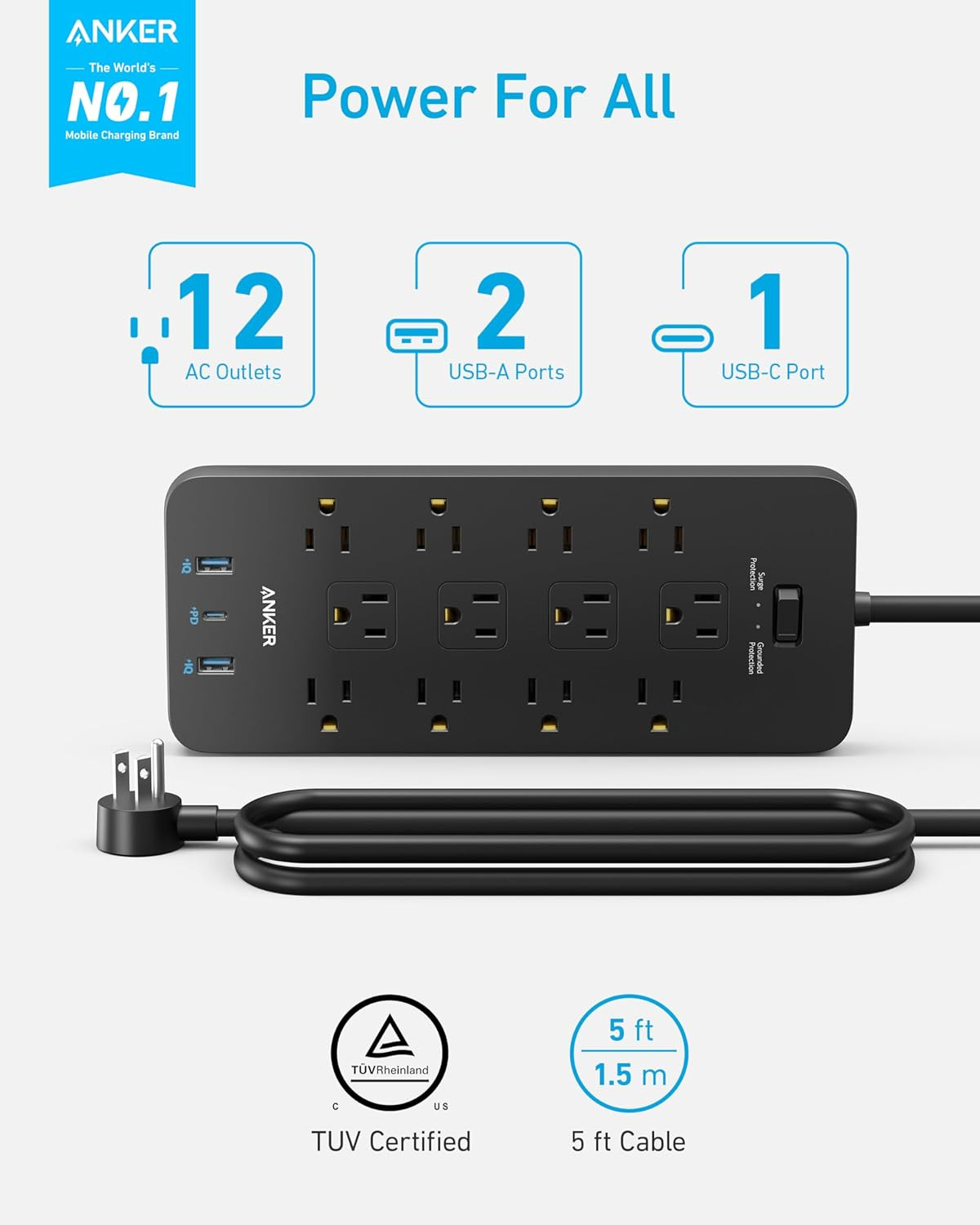 Surge Protector Power Strip (2100J), 12 Outlets with 1 USB C and 2 USB Ports Fo