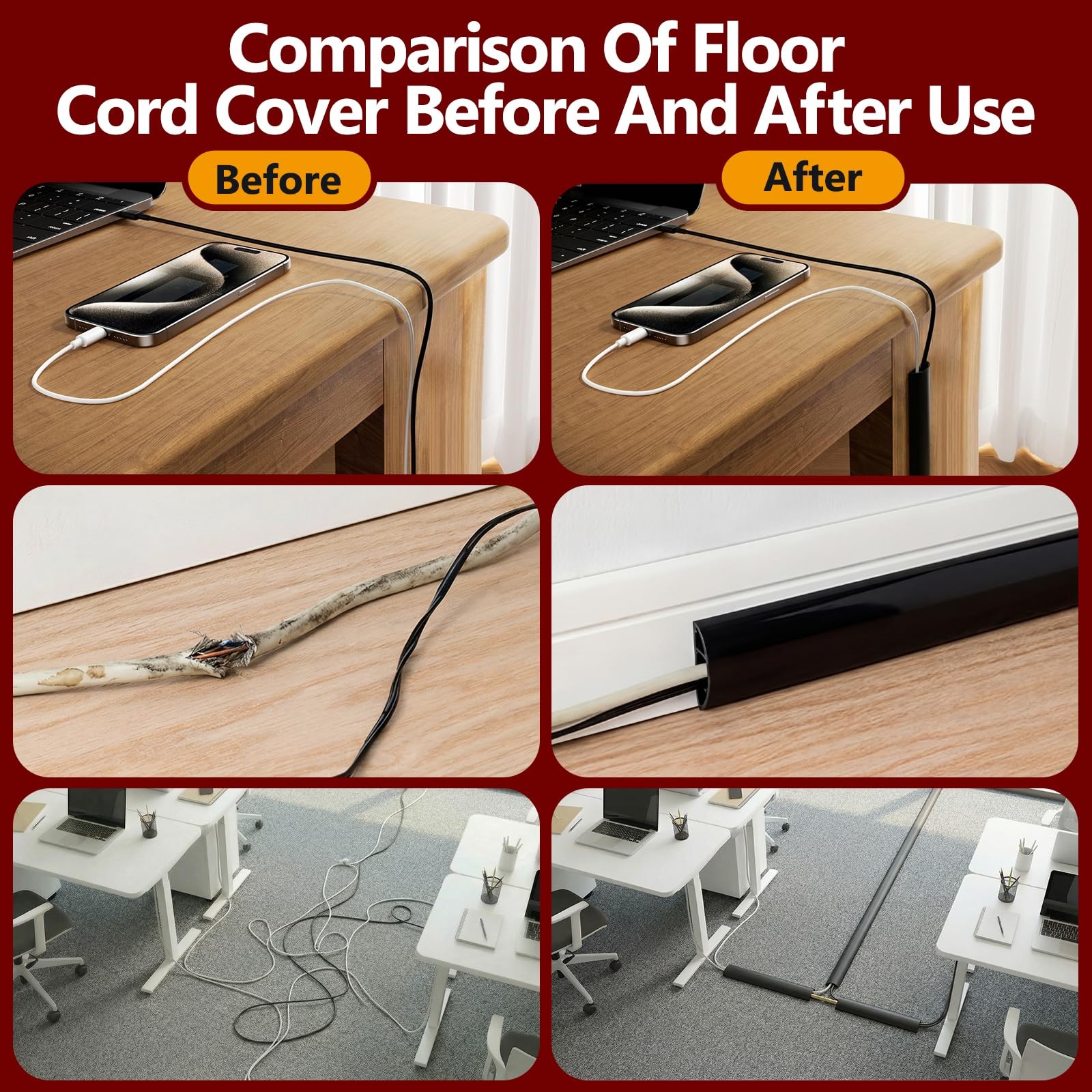 4FT Floor Cord Cover,Black Cable Protector,Self Adhesive black, Black