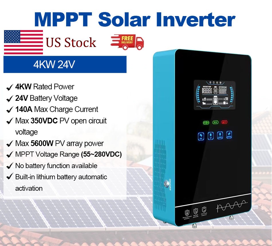 4000W Solar Inverter On Grid AC 120V/240V MPPT 24V 140A Parallel Wifi BMS US