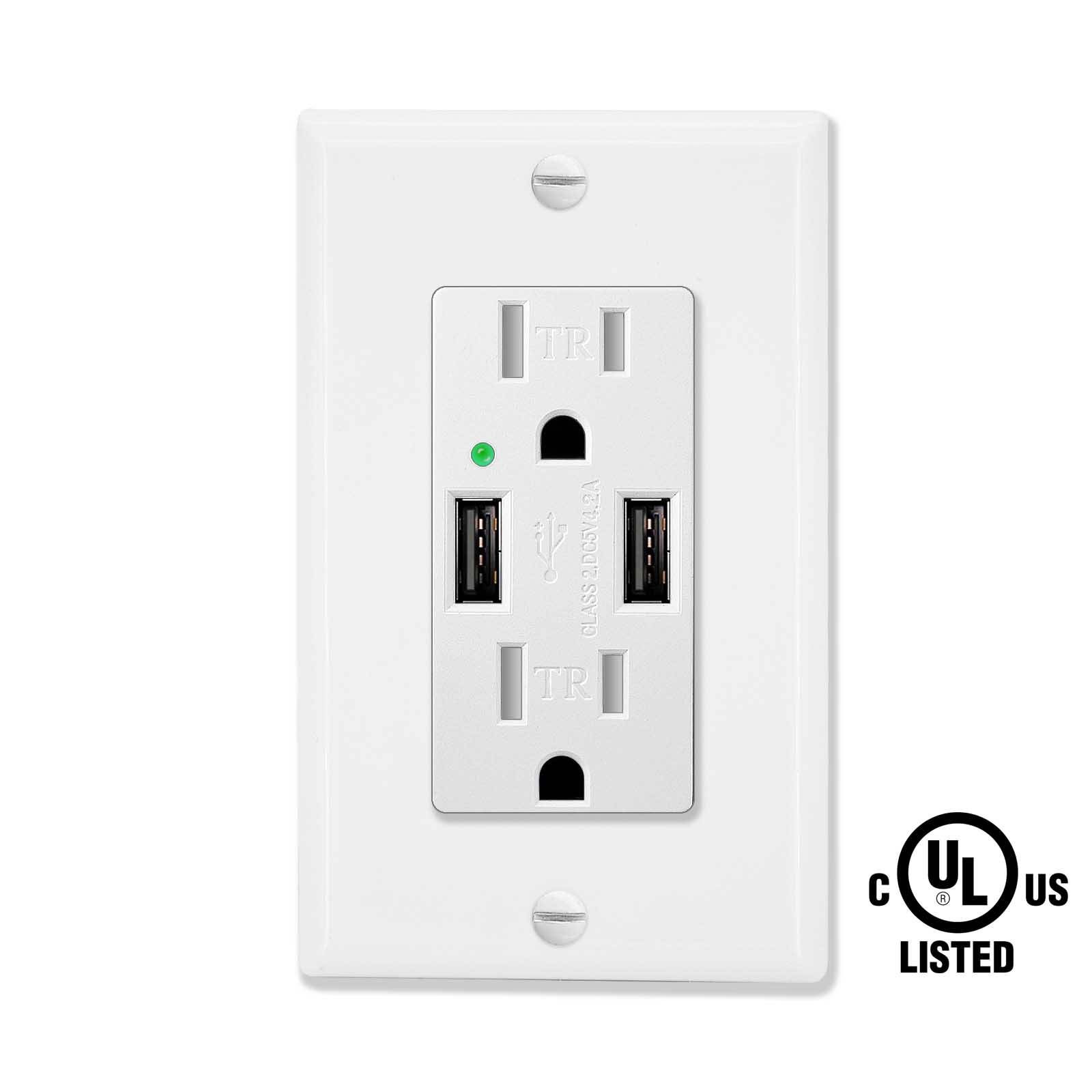 8Pack Wall Outlet with Dual USB Port Charger 15A Power W/Cover Plate Included UL