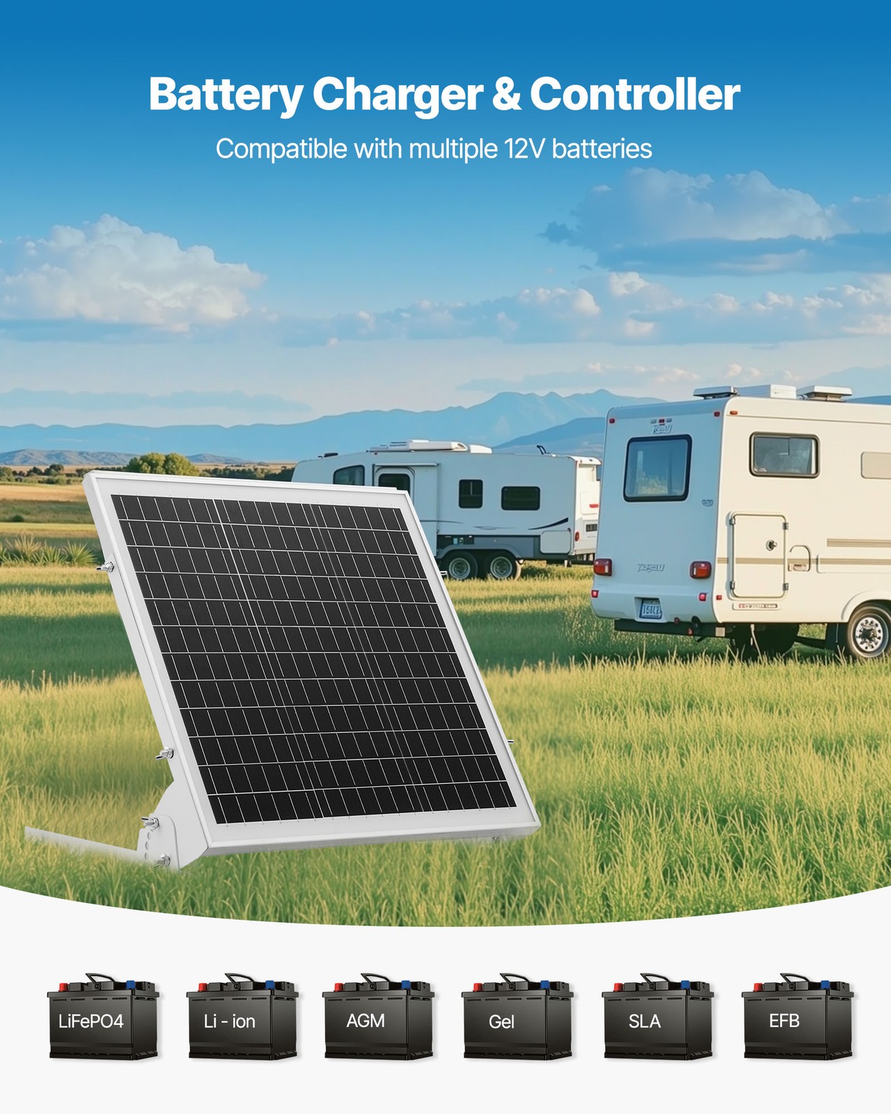 VEVOR Solar Battery Trickle Charger Kit 20W 12V with Built-in MPPT Controller