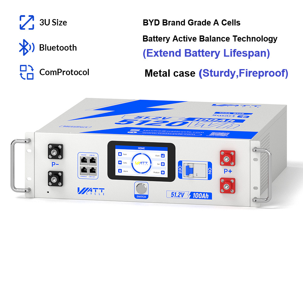 WattCycle 48V 100Ah LiFePO4 Lithium Rack-Mount Battery 3U Server Rack 100A BMS