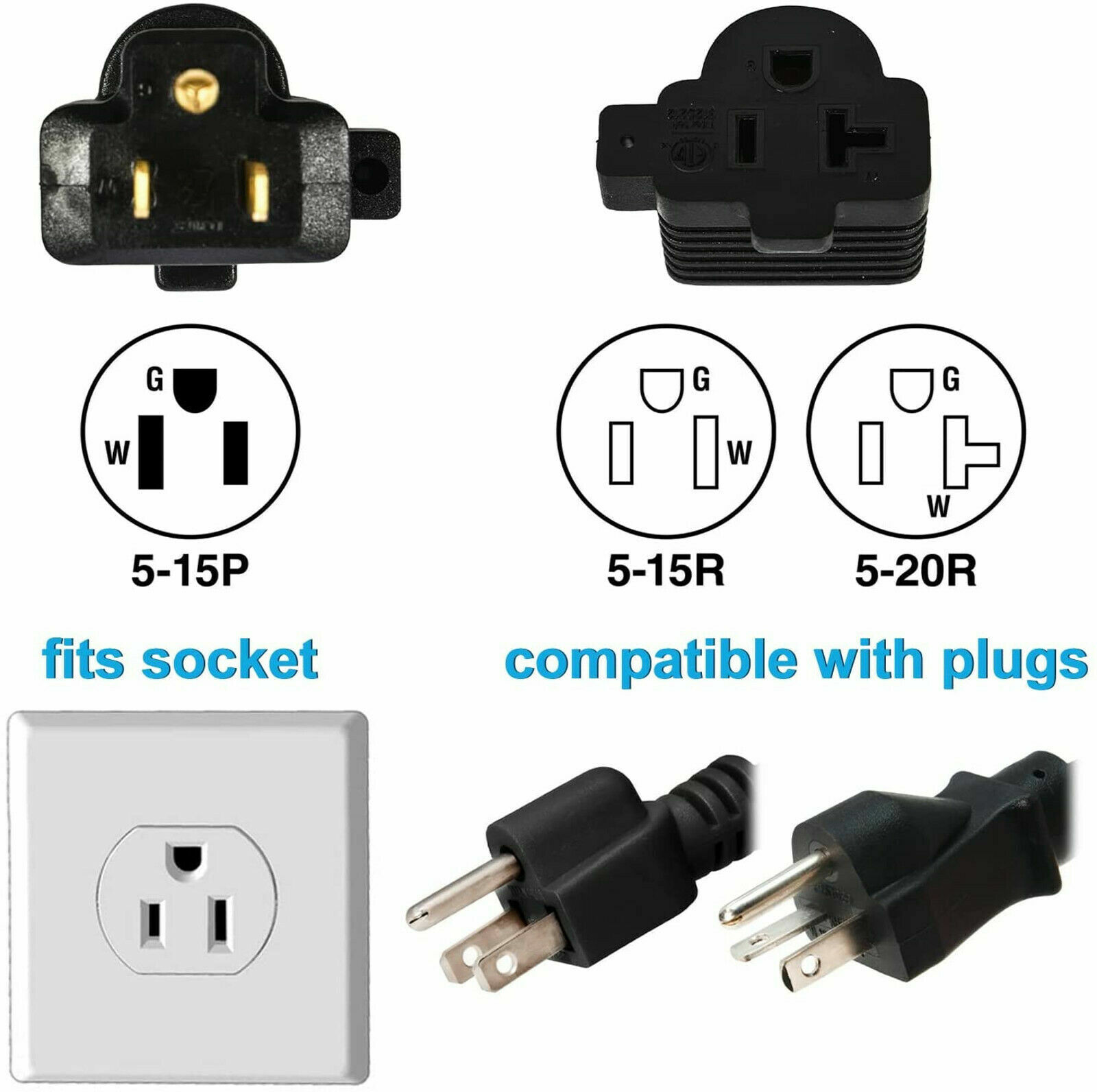 NEMA 5-15P to 5-15R/5-20R Plug Adapter 15A Household to 20A T-Blade AC Converter