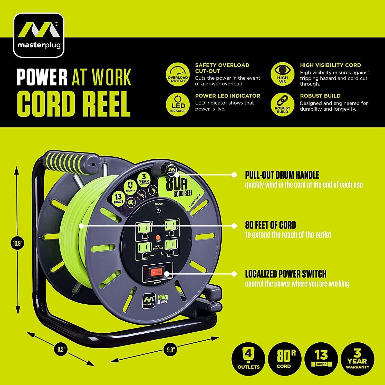 Ergonomic Cord Reel with High Visibility Cable and On/Off Switch