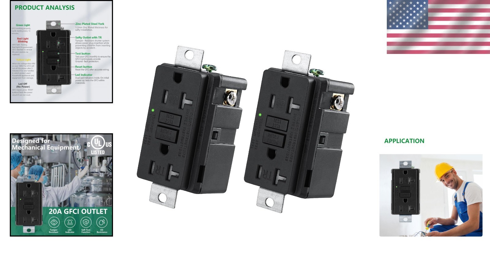 2-Pack 20 Amp Generator GFCI Outlet 125V, Industrial Grade Ground Fault