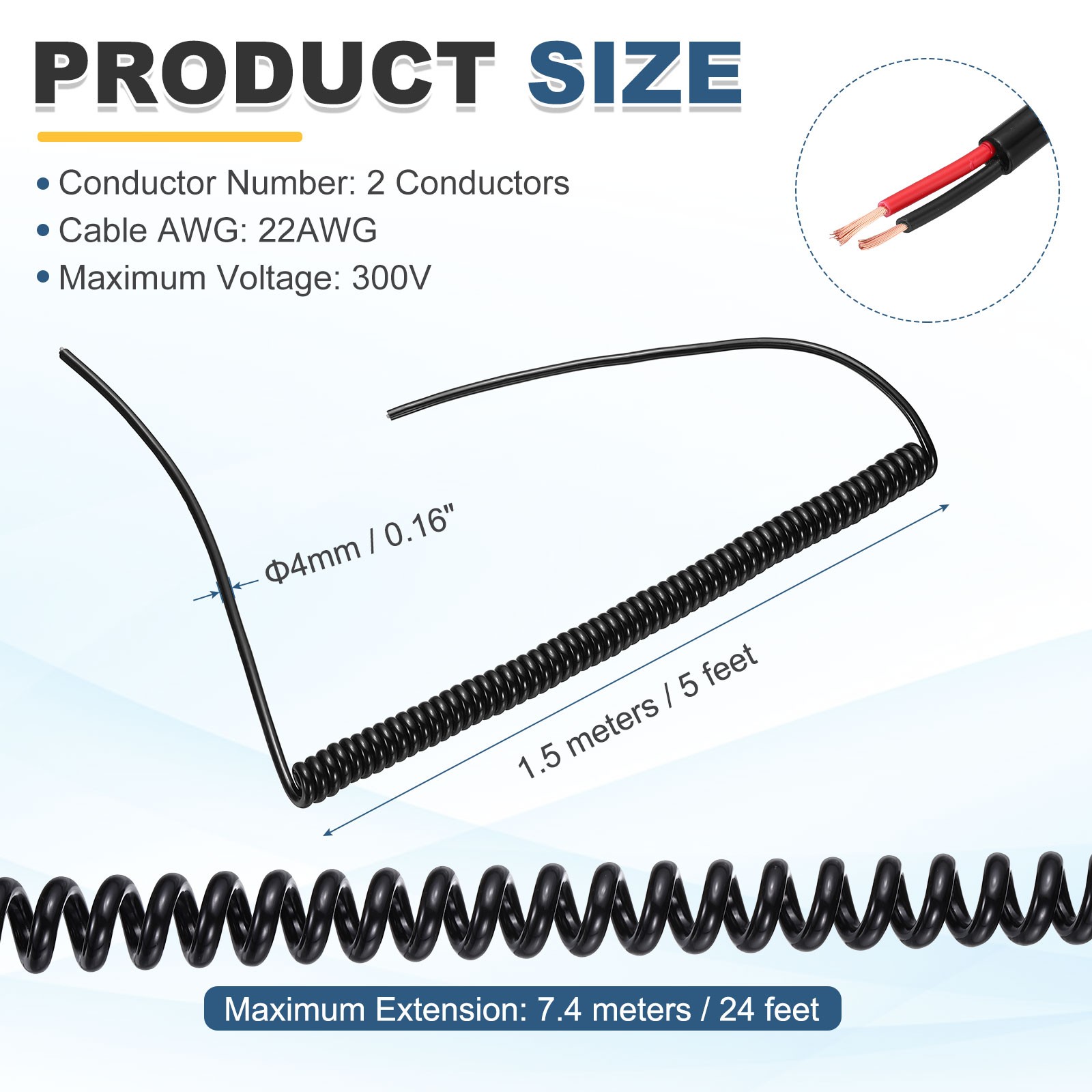 5ft Retractable Coiled Coil Cord, 2 Conductor 22AWG Spiral Power Cord Cable