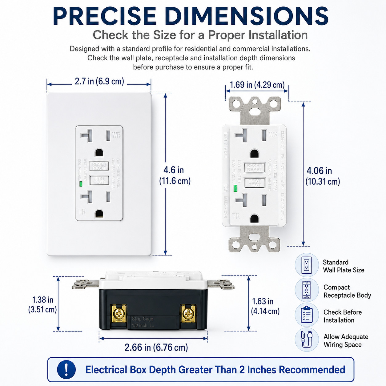 20 Amp Self-Test GFCI Outlet TR WR Duplex Receptacle with LED, White Wall Plate
