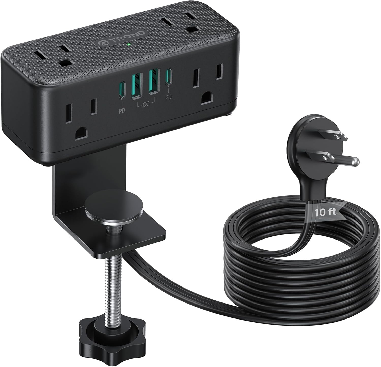 Compact Desk Clamp Power Strip 10 Ft, Fit 2.16″ Tabletop Edge, Black | Flat Plug