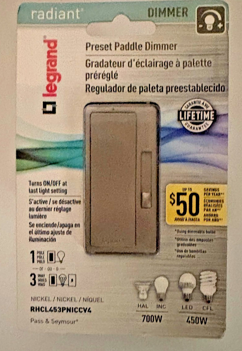 Legrand Radiant 450W Rocker Dimmer 3-Way/1-Pole – Nickel – Free Shipping