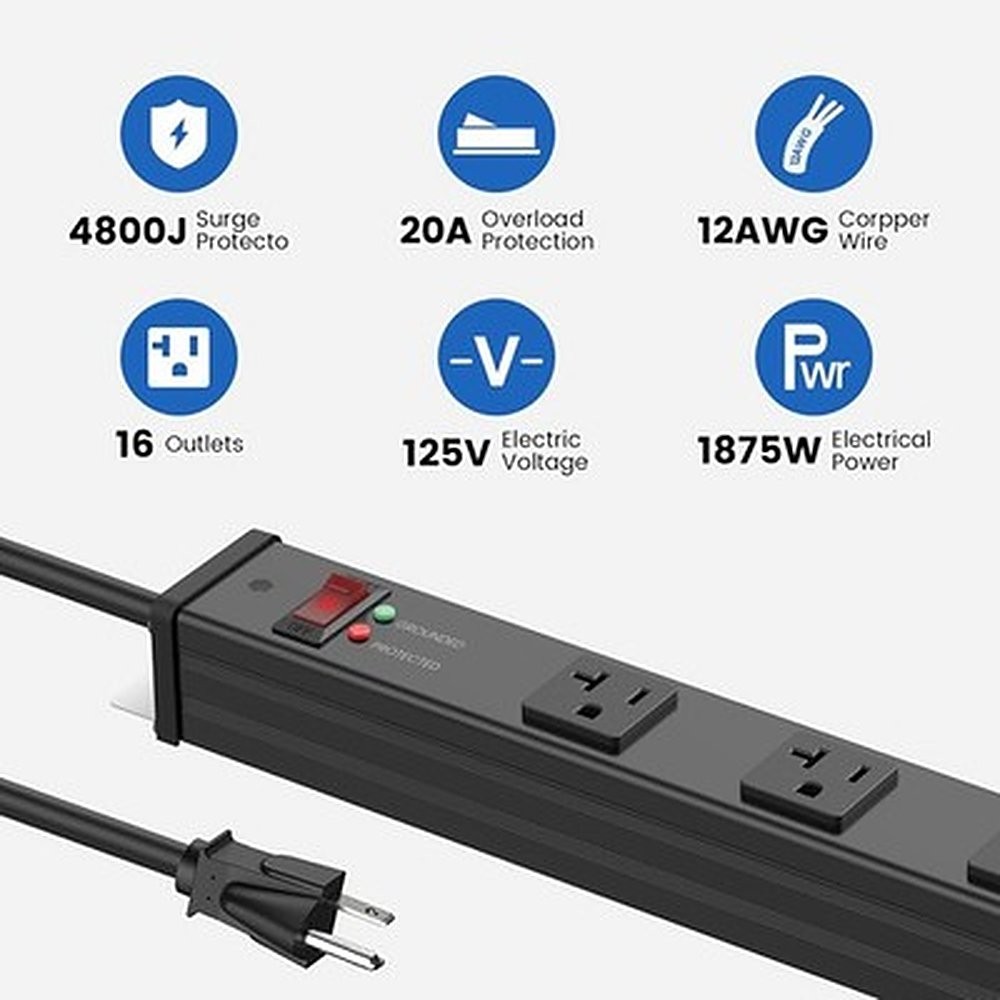 JUNNUJ 16 Outlet Power Strip Surge Protector 4800J 20A Switch 6FT Black #R047