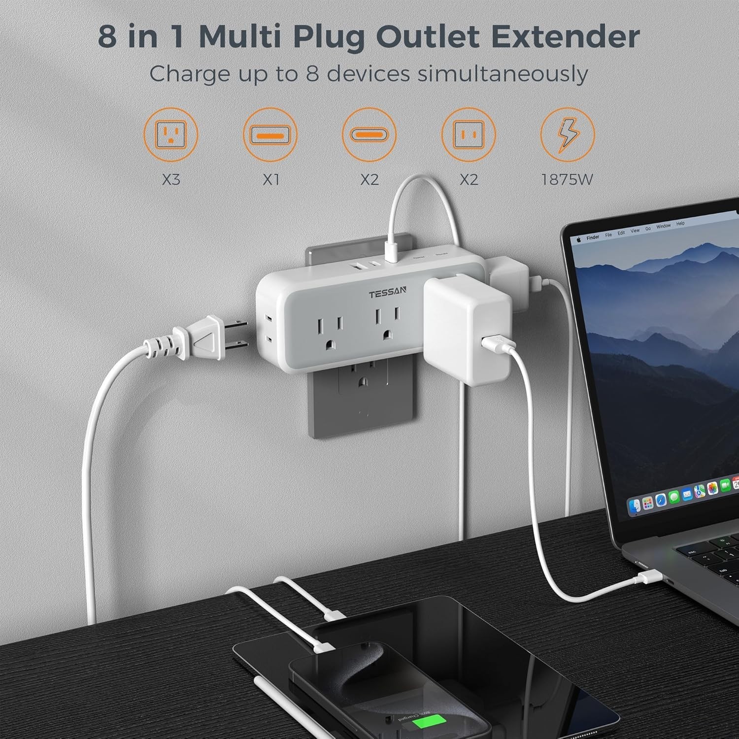 5-Outlet Surge Protector Wall Charger with 3 USB Ports – Ideal for Home & Office
