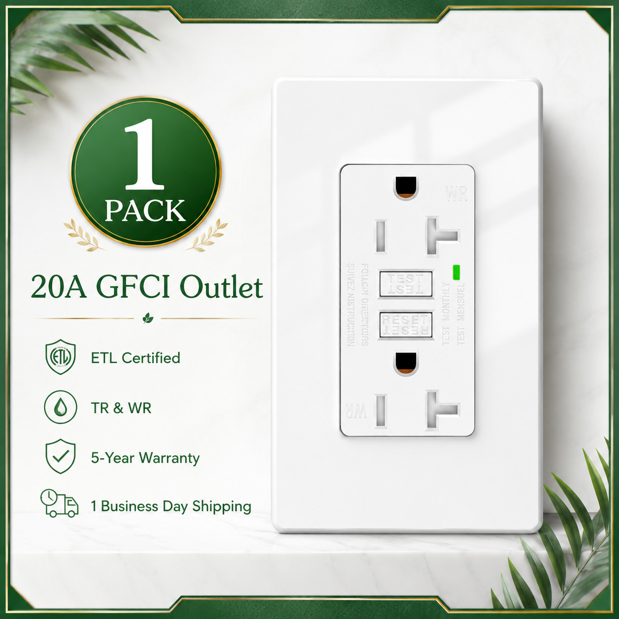 20A GFCI Electrical Outlet Weather Resistant TR with LED Indicator ETL Listed