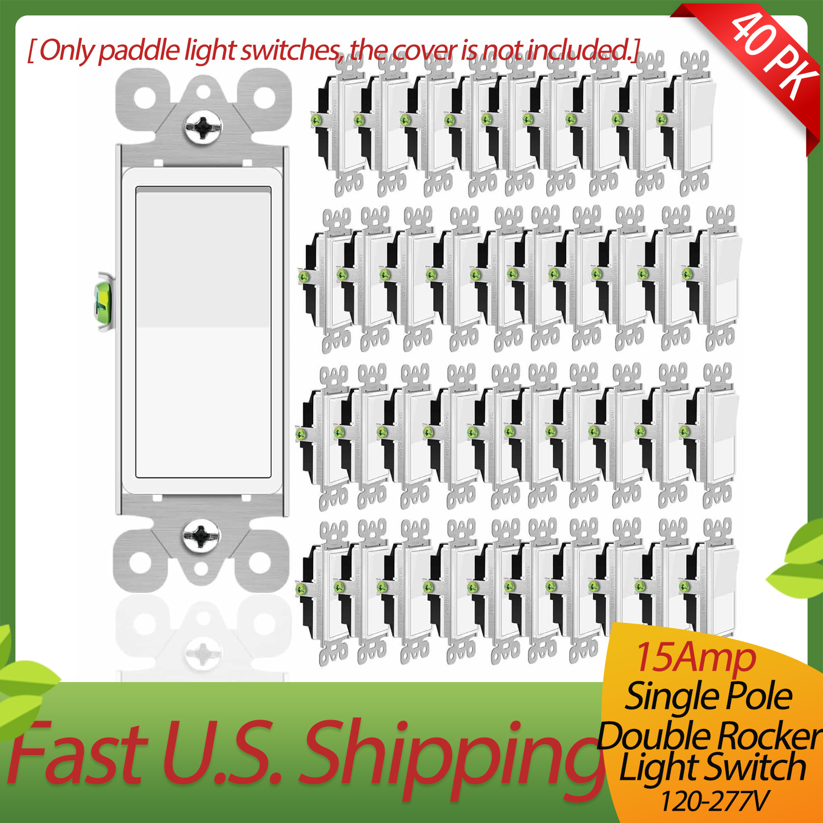 40 Pack Greencycle 120V-277V Single Pole Rocker Light Switch,Home & Office,White