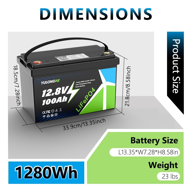 YULONGNE 12V 100Ah Lithium LiFePO4 Battery 8000+ Deep Cycle for Solar RV Marine