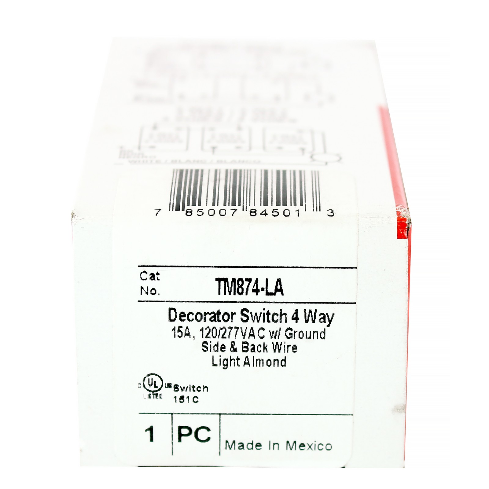 PASS & SEYMOUR TM874-LA TRADEMASTER 4-WAY DECORA SWITCH 15A 120/277V LT ALMOND