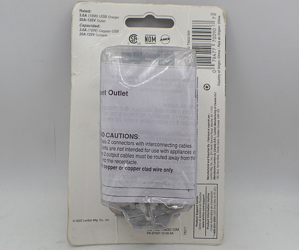LEVITON T5832-BW 3.6A 18W USB DUAL TYPE-A IN-WALL CHARGER 20A WHITE