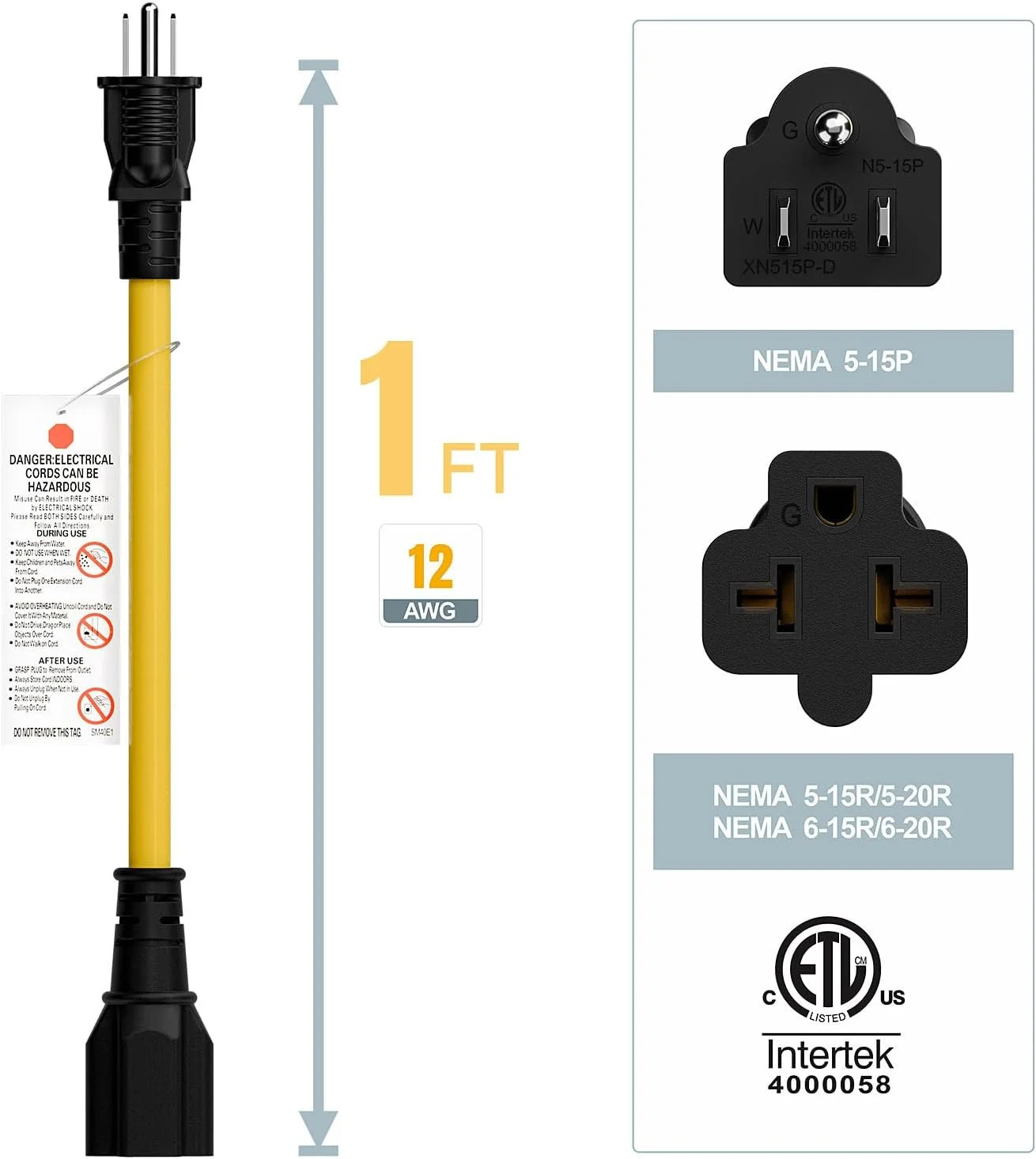 [4-in-1] 12AWG 15 Amp Household AC Plug to 20 Amp T Blade Adapter Cable, NEMA 5-