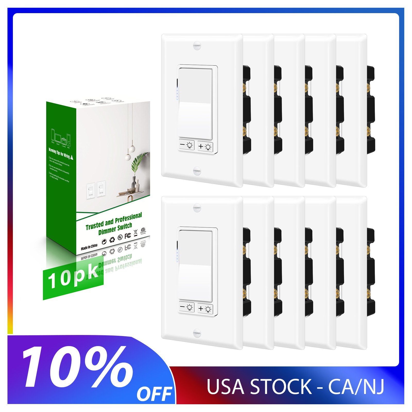 10PK Dimmer Light Switch Single Pole or 3-Way for LED Incandescent CFL 15A 120V