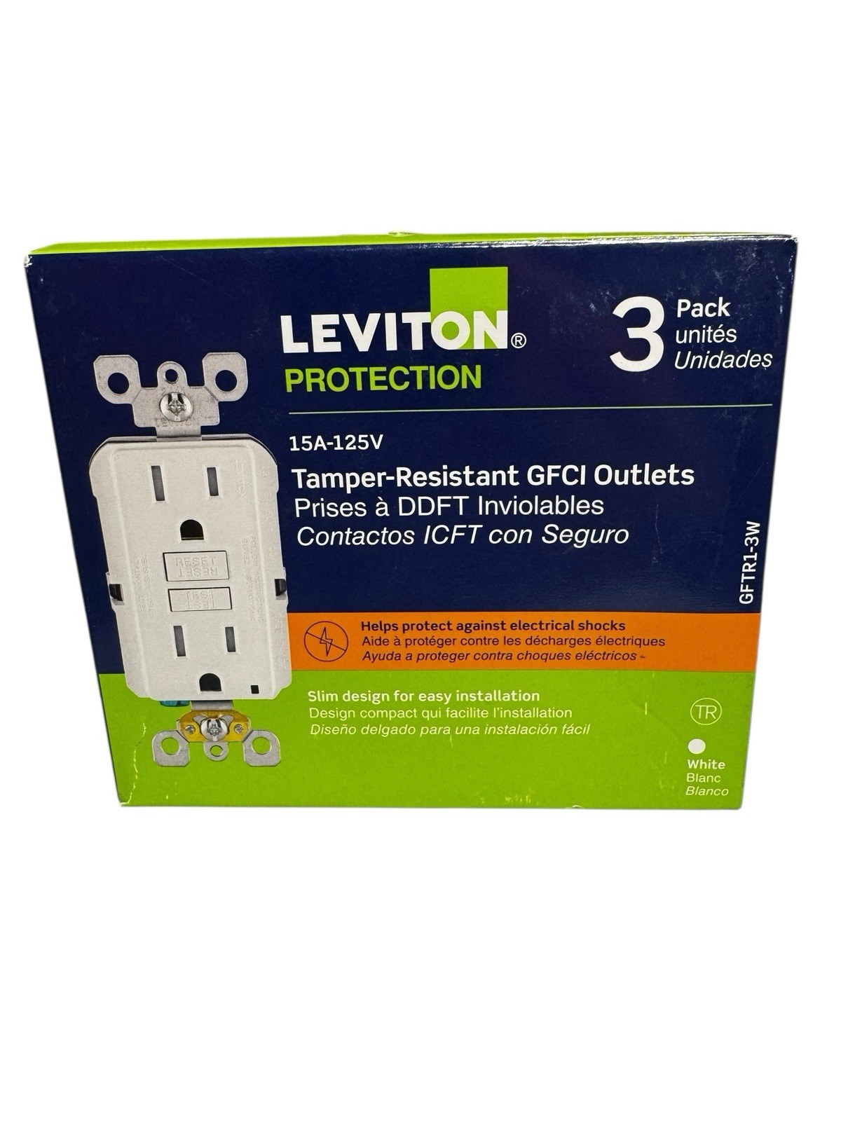 Leviton GFTR1-3W White 15A 125V Thermoplastic Tamper Resistant GFCI Receptacle