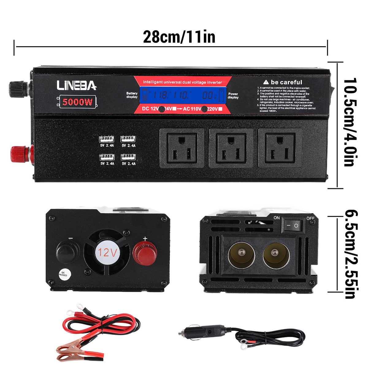 1500W 2500W 5000W Car Power Inverter 12V to 110V Converter 3AC 4USB LCD Display