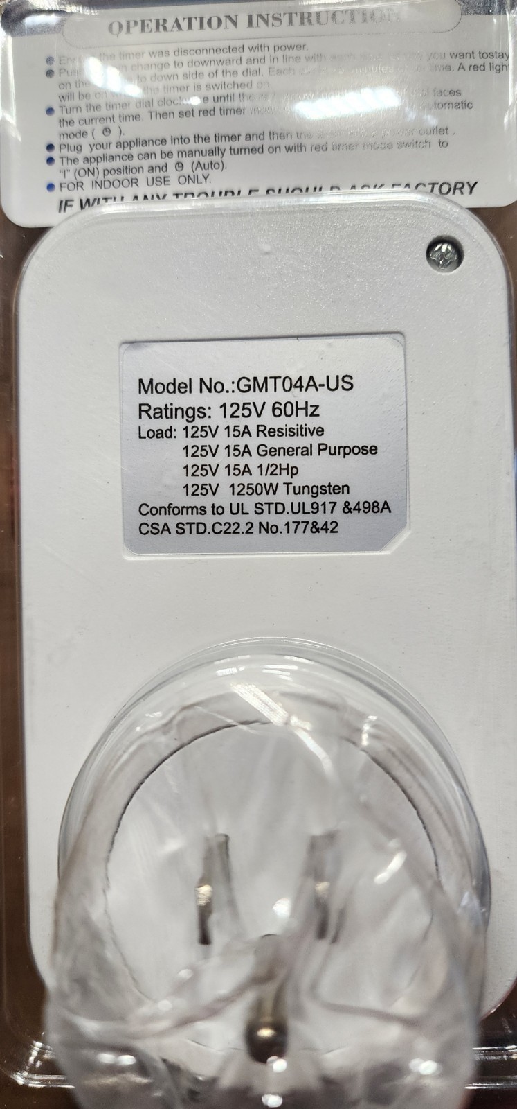 Plug-in Mechanical Timer Model 24 Hours Programmable 15 Amps GMT04A-US New