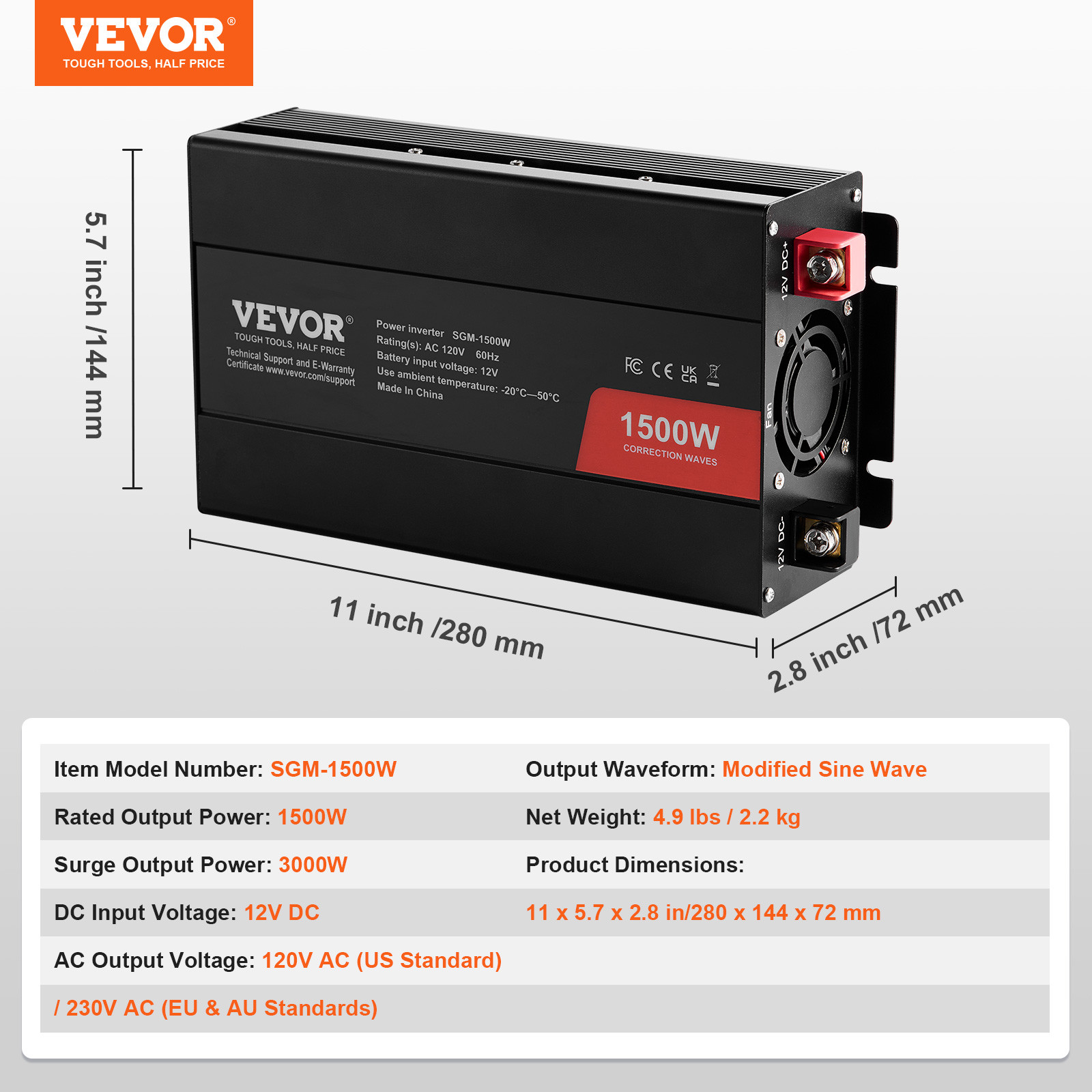 VEVOR Modified Sine Wave Power Inverter 1500W DC12V to AC120V CE FCC Certified