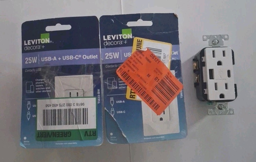 2 PACK Leviton T5633-BW Decora 25W USB-A USB-C Duplex Outlet WHITE