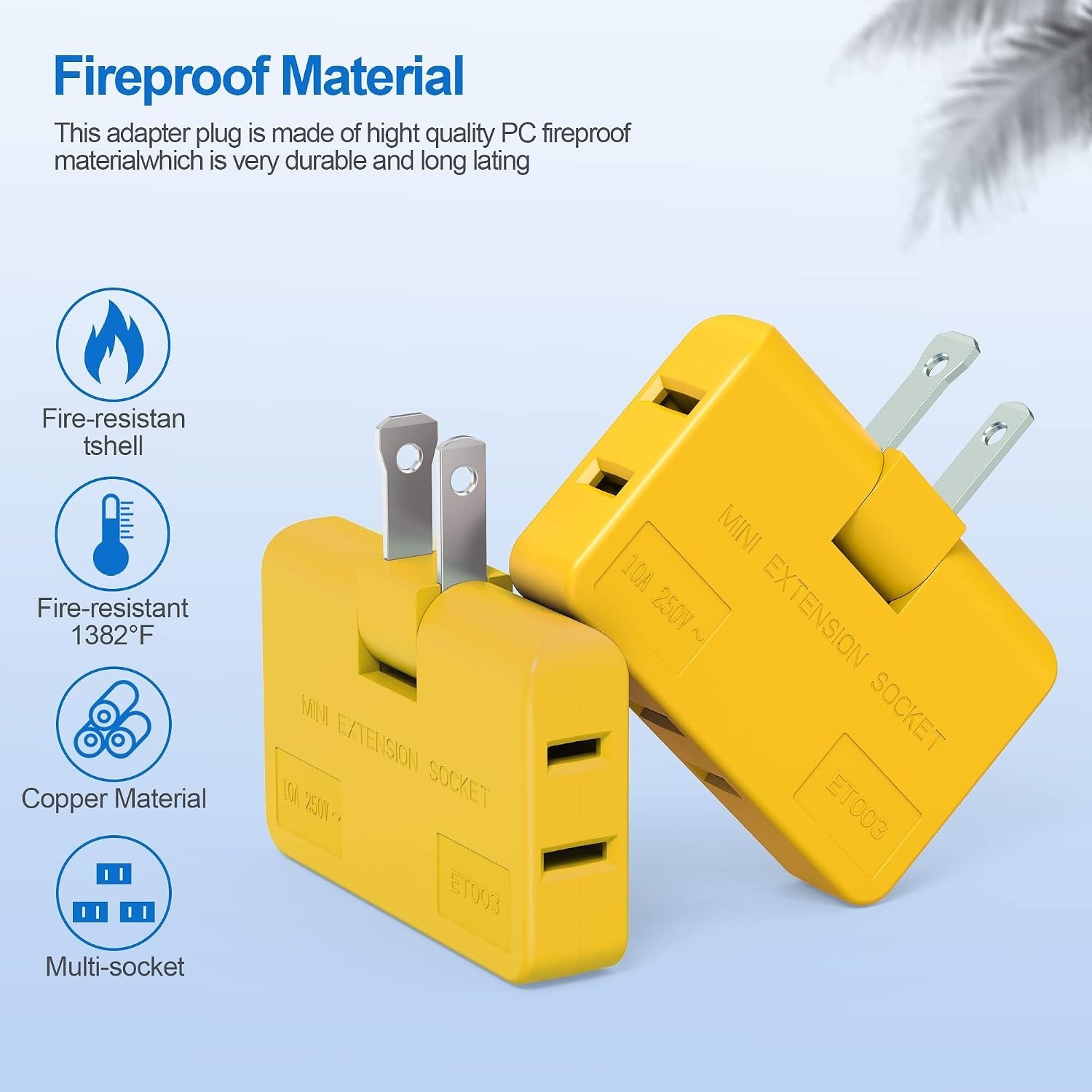 Compact 3 Way Flat Plug Adapter – 2 Prong Rotating Power Outlet Extender, 2 Pack