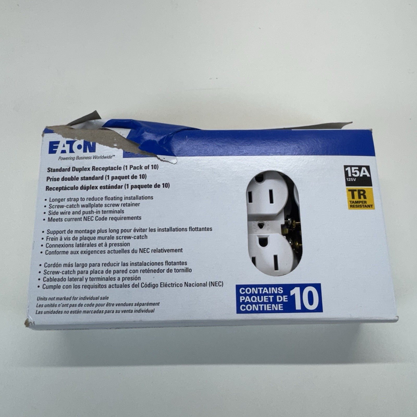 10pk Eaton 15A 125V Tamper Resistant Duplex Outlet TR270W-10-LW, White