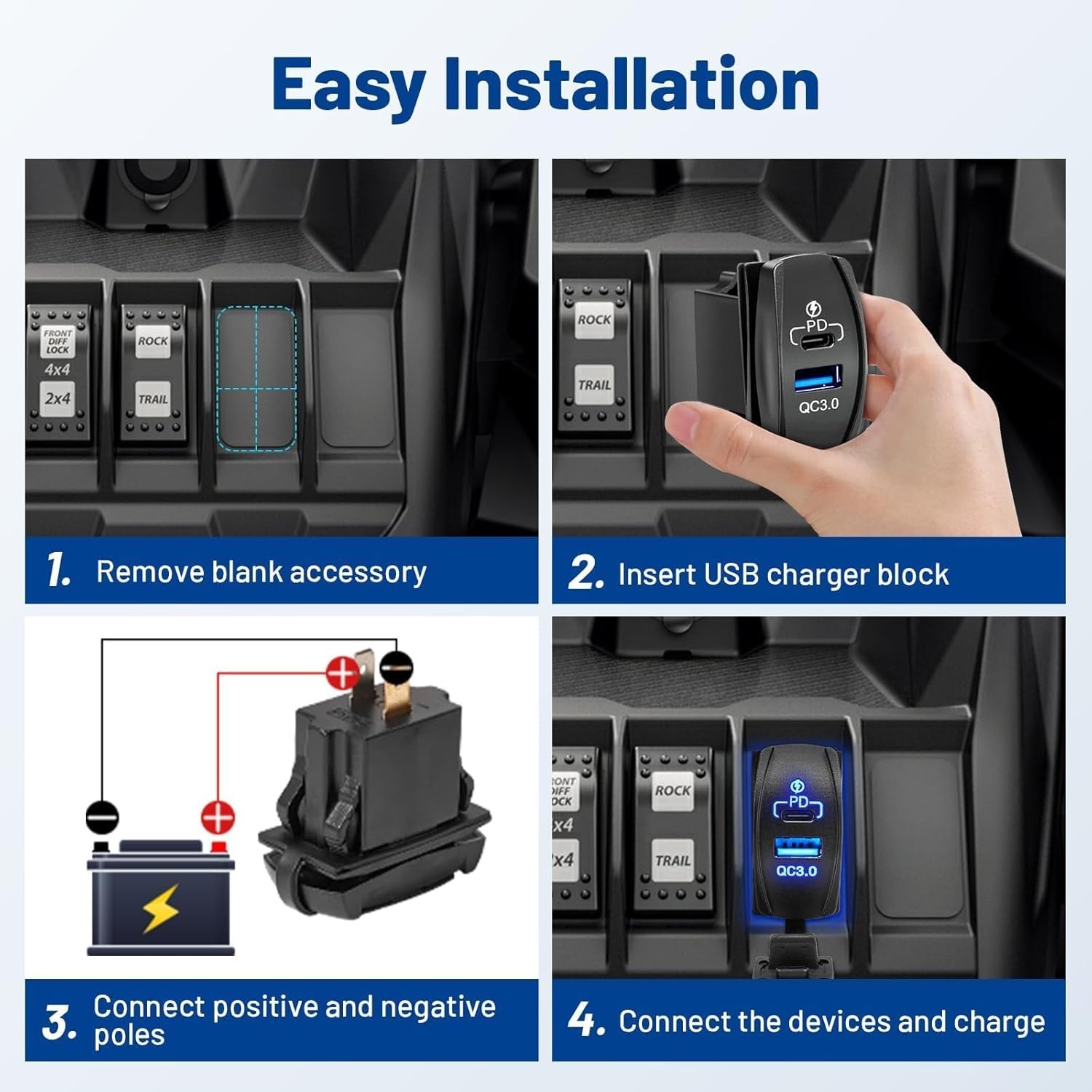 Anina USB Rocker Switch 18W QC3.0 USB 30W PD Outlet Waterproof 12V 24V Dual Port