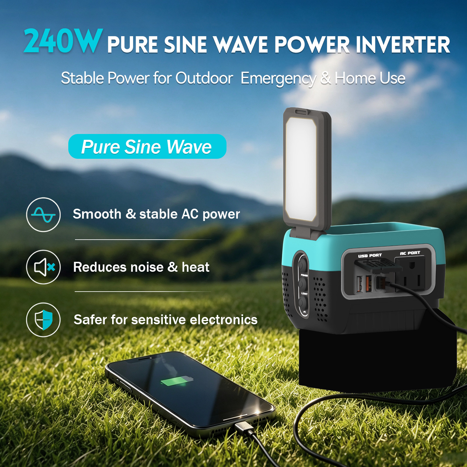 240W Inverter Pure Sine Wave for Makita 18V Battery AC 120V Outlet USB-C Camping
